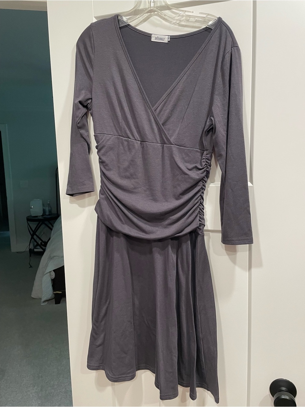 Gray Faux-Wrap Ruched Waist Dress